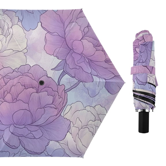 Soft Lilac Peony Flowers Hand Painted All Weather Umbrella Triple Folding Parasol 6 Ribs UV Protection Portable