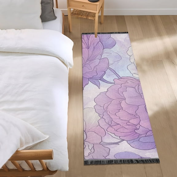 Soft Lilac Peony Flowers Hand Painted Bedside Runner Rug 2'x 6' Non Slip Carpet Floor Mat Area Rug