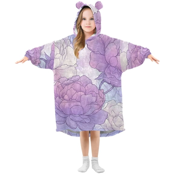 Soft Lilac Peony Flowers Hand Painted Flannel Wearable Blankets Hooded Design Long Sleeves Wrap Unisex for 3T-14Y M