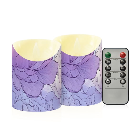 Soft Lilac Peony Flowers Hand Painted Flickering Flameless Candles with Remote Timer Battery Operated LED Tealight Set of 2 M
