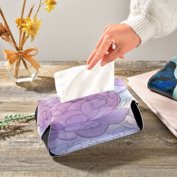 Soft Lilac Peony Flowers Hand Painted Leather Tissue Box Cover Rectangle Tissue Holder Foldable