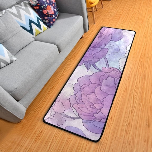 Soft Lilac Peony Flowers Hand Painted Long Floor Mat Runner Rug Area Mat Noise Reduction Water Absorbent Non-Slip 72" x 24"