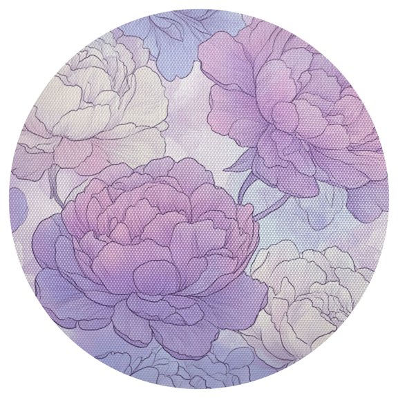 Soft Lilac Peony Flowers Hand Painted PVC Round Grid Placemat Table Mat 1 Pc 15.4" x 15.4"