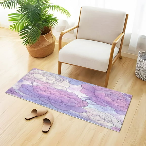 Soft Lilac Peony Flowers Hand Painted Plush Carpet Non Slip Runner Rug Absorbent Bath Mat 39" x 20"