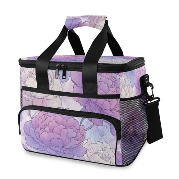 Soft Lilac Peony Flowers Hand Painted Portable Cooler Lunch Box Reusable Insulated Lunch Bag Leakproof 15L