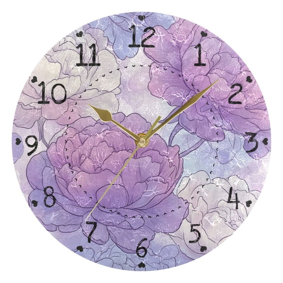 Soft Lilac Peony Flowers Hand Painted Round Wall Clock Silent Analog Battery Operated Gold Pointer Home Decor 9.84" Diameter