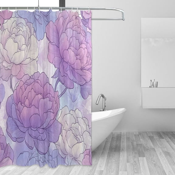 Soft Lilac Peony Flowers Hand Painted Shower Curtains with 12 Hooks Waterproof Bathroom Decor 66" x 72"