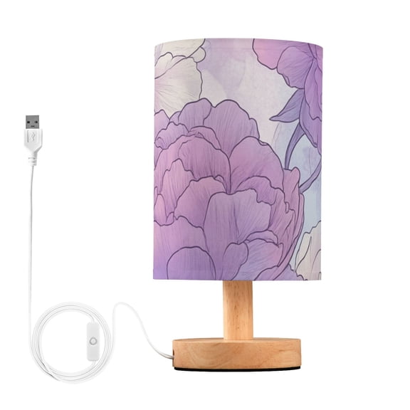 Soft Lilac Peony Flowers Hand Painted Table Lamp with USB Port LED Warm Light Lamp Night Light Home Decor