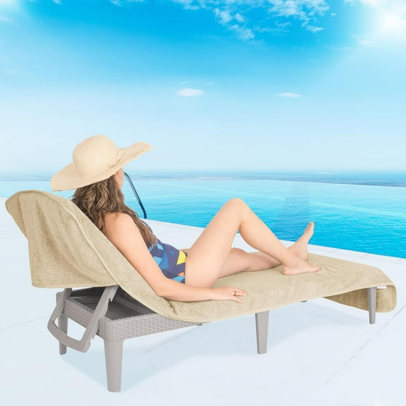 Soft Linen Chaise Lounge Covers with Pocket, 86"x32" Oversized Beach Pool Lounge Chair Towel, Beige