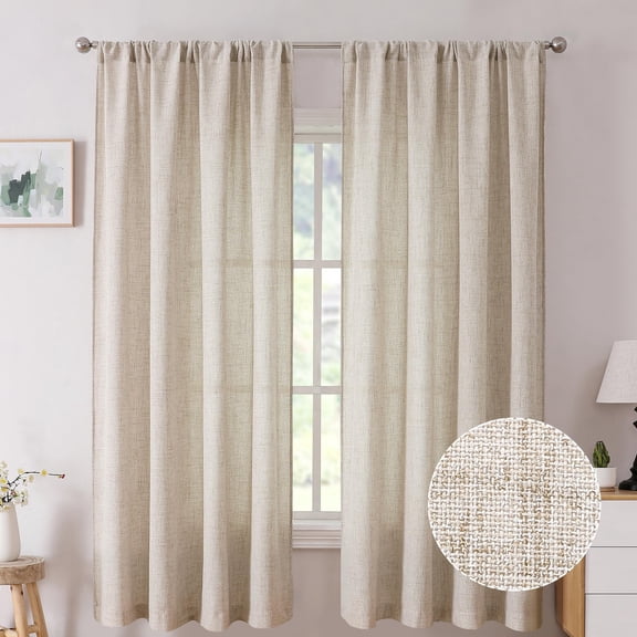 Soft Linen Curtains Rod Pocket Semi Sheer, Burlap Light Filtering Drapes for Bedroom Living Room, 38 W x 45 L, Set of 2 Panels, Natural Brown