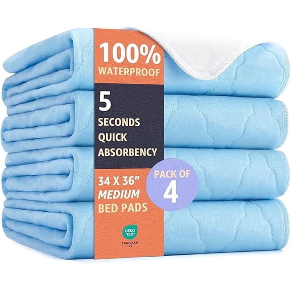 Soft and Lofty Ultimate Washable Underpads, Waterproof Reusable Pads for Adults, Kids, Elderly & Pets, 34"x36", Blue (4 Pack)