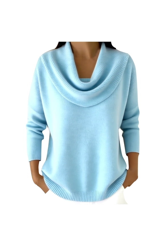 Soft Long Sleeve Cowl Neck Pullover, Multi-Color Cowl Neck Knit Sweater Elegant Holiday Sweaters for Women Sparkly Sweaters for Women Elegant Casual Cowl Neck Knit Top, Light Blue 2XL