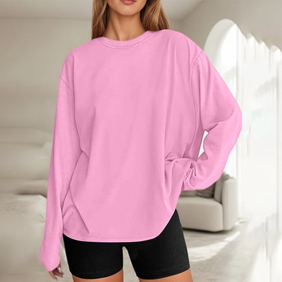 Soft Long Sleeve Shirts For Women Loose Crew Neck Casual Solid Color T Shirt Shirt Fall Basic Blouses Vacation Clothes Pink M