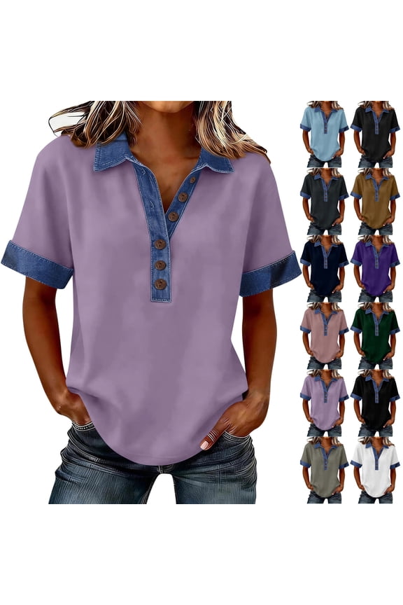 Soft Loose Fit Tops for Women Short Sleeve Lapel Collar V Neck Shirts Button Front Contrast Denim Cuffs Collar Patchwork Soft Daily Wear Dressy Summer Blouses, #01 Light Purple, L
