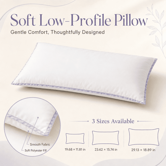Soft Low Profile Bed Pillow, 29.13×18.89 inch Thin Sleeping Pillow with Breathable Polyester Filling, Gentle Neck Support for Stomach, Back and Side Sleepers, Washable Bedroom Pillow, 1 Pack