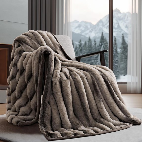 Soft Luxury Faux Rabbit Fur Throw Blanket for Couch, Cozy Fluffy Channel Throw Blanket for Bed, Fuzzy Warm Thick Mink Blanket with Reversible Velvet for Winter, Taupe Brown, 50"x60"