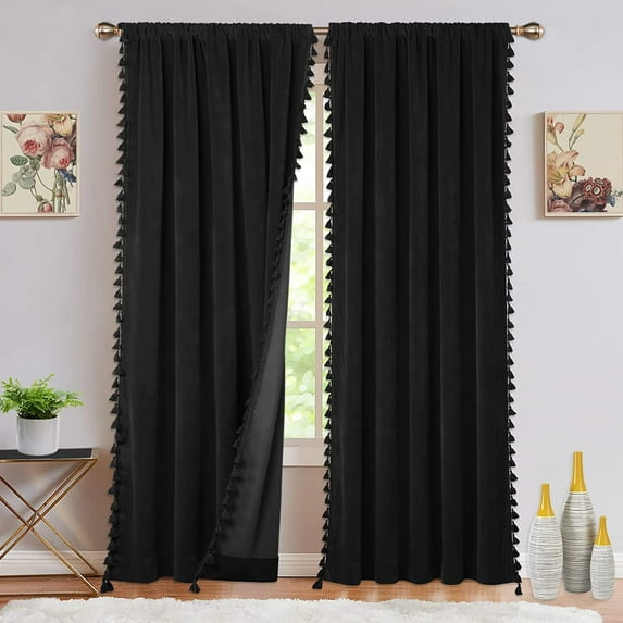 Soft Luxury Velvet Curtains with Tassels, 2 Pcs Rod Pocket Blackout Curtain Drapes