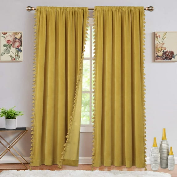 Soft Luxury Velvet Curtains with Tassels Room Darkening Rod Pocket Christmas Window Curtains for Living Room Bedroom, Green, 42 x 63 Inch, 2 Panels