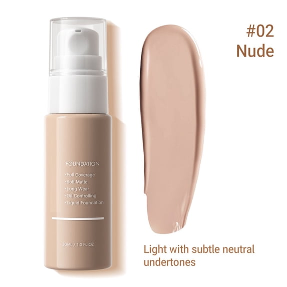 Soft Matte Liquid Foundation 30ml, #02 Nude for Light Neutral Undertone Skin, Long‑Wear Oil‑Control Buildable Full Coverage Makeup Base
