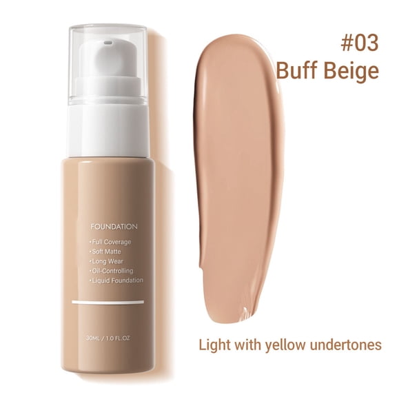 Soft Matte Liquid Foundation 30ml, #03 Buff Beige for Light Yellow Undertone Skin, Long‑Wear Oil‑Control Buildable Full Coverage Makeup Base