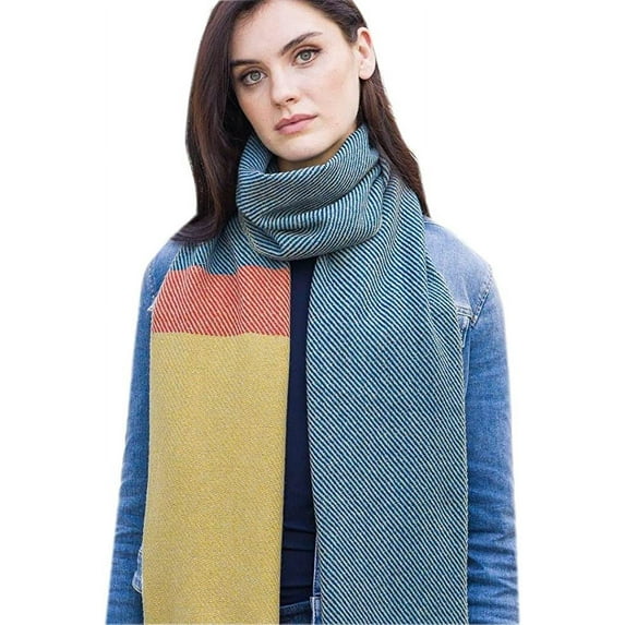 Soft Merino Blue And Yellow Colorblock Scarf For Women One Size Made By Aran Woollen Mills