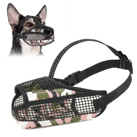 Soft Mesh Dog Muzzle with Reflective Adjustable Strap, Lightweight Muzzle for Large Medium Small Dogs, Prevents Biting Chewing Licking, Open Nose Design for Panting and Drinking (Pink, XS)