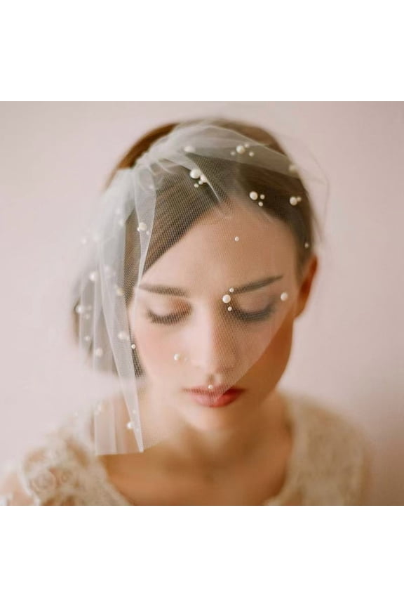 Soft Mesh Hand-Stitched Comb Bridal Short Veil - Handmade Half-Pearl Face-Covering Veil