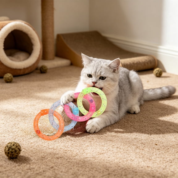Soft Mesh Tube Donut Cat Toy with Bells and Crinkle Sound, Interactive Teething Ring for Indoor Kittens, Chew Toy for Dental Health
