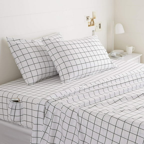 Soft Microfiber 4-Piece Bed Sheet Set with Elastic Side Pockets for Storage, Full Size, Black Grid Geometric Pattern, Wrinkle-Resistant, Durable Sleep Essentials