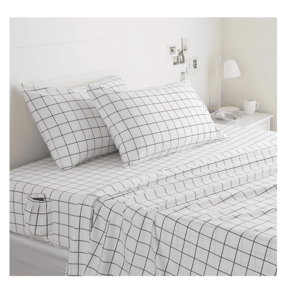 Soft Microfiber 4-Piece Bed Sheet Set with Elastic Side Pockets, Full, Black Grid, Geometric