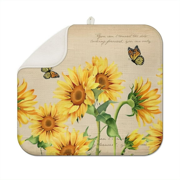 Soft Microfiber Coffee Mat with Sunflower Illustration – Reversible and Durable Spill Mat, Fast Drying Dish Drying Pad for Kitchen, Coffee Bars, and Home Use