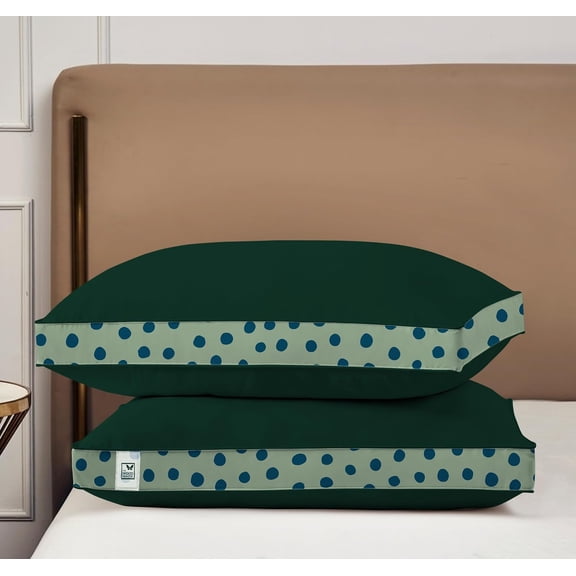 Soft Microfiber High Loft Pillow, Neck Support, Sleep Well In 43 X 69 Cm | Printed Gusset Of Extra 5 Cm Height For Soft Comfortable Sleep, Green Dots | Bed Pillow, Supportive - Set Of 2