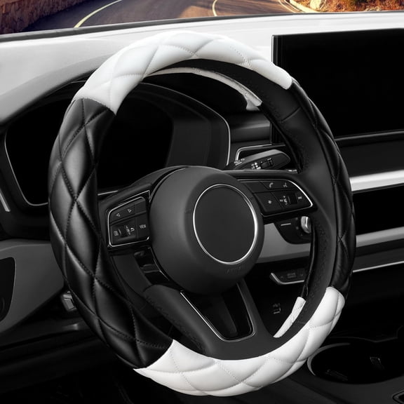 Soft Microfiber Leather Steering Wheel Cover, Universal 15 Inch for Women, Fit Vehicles Sedans SUVs Vans Trucks, Black White