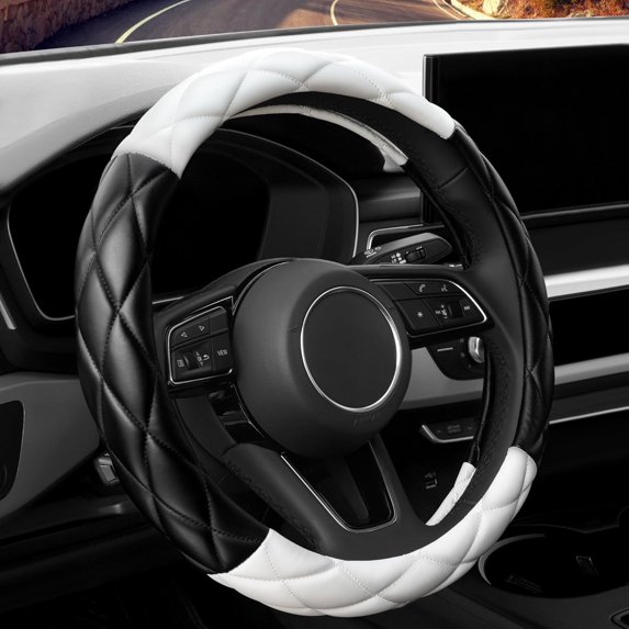 Soft Microfiber Leather Steering Wheel Cover, Universal 15 Inch for Women, Fit Vehicles Sedans SUVs Vans Trucks, Black White