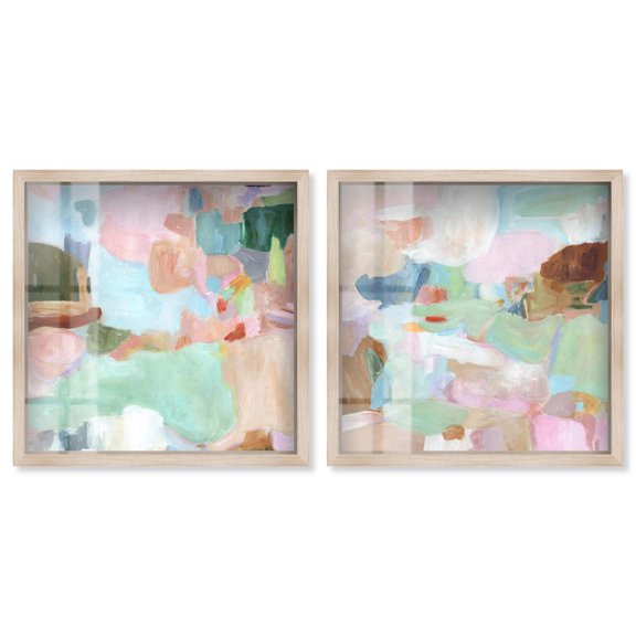 Soft Mirage Abstract Duet Shadowbox Print Modern Wall Decor Set by Art Remedy, Blonde Frame, 12 x 12