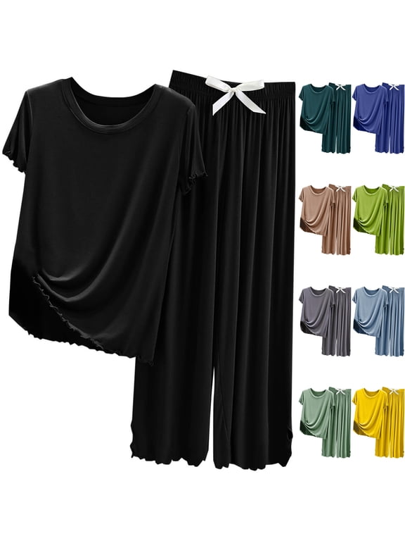 Soft Modal Cotton Blend Bridal Pajamas for Women 2 Piece Sleepwear Set Short Sleeve Tops and Wide Leg Pants Elegant Loungewear Ruffle Hem, Black, XL