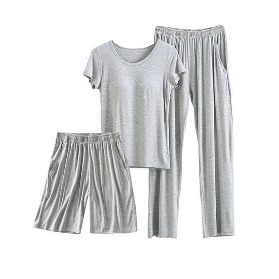 Soft Pajamas Set for Women 3 Piece Built in Bra Nightshirt Short Sleeve and Shorts, Long Pants Sleepwear (Large, Gray)