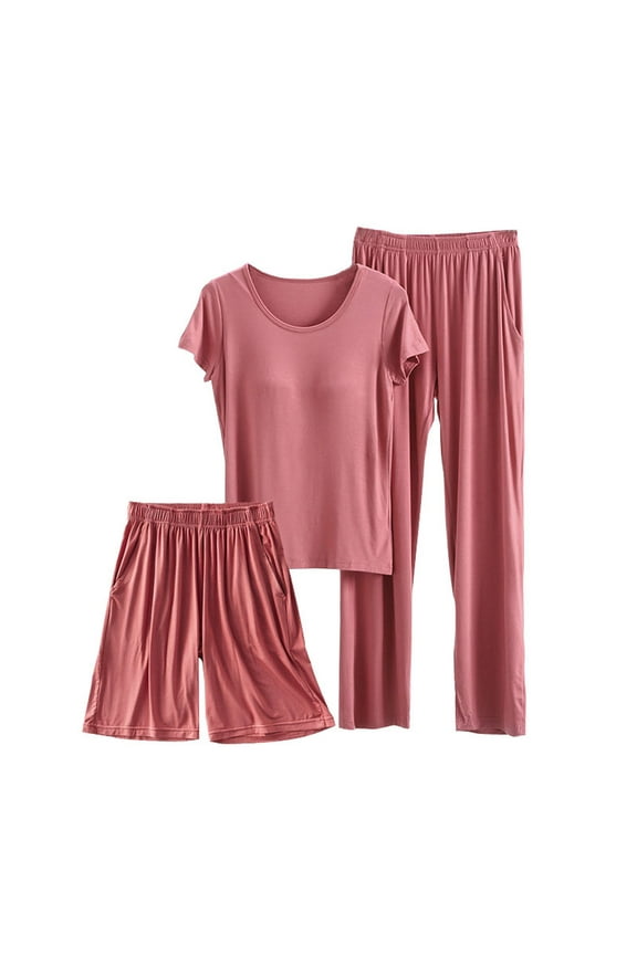 Soft Modal Pajamas Set for Women 3 Piece Built in Bra Nightshirt Short Sleeve and Shorts, Long Pants Sleepwear (XL, Red)