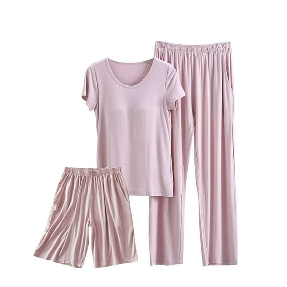 Soft Modal Pajamas Set for Women 3 Piece Built in Bra Nightshirt Short Sleeve and Shorts, Long Pants Sleepwear (2XL, Pink)