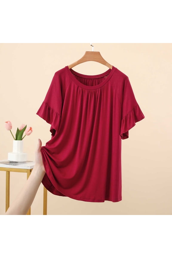 Soft Modal T-Shirt for Women Ruffle Loose Crew Neck Pullovers Short Sleeve Summer Loungewear Tops