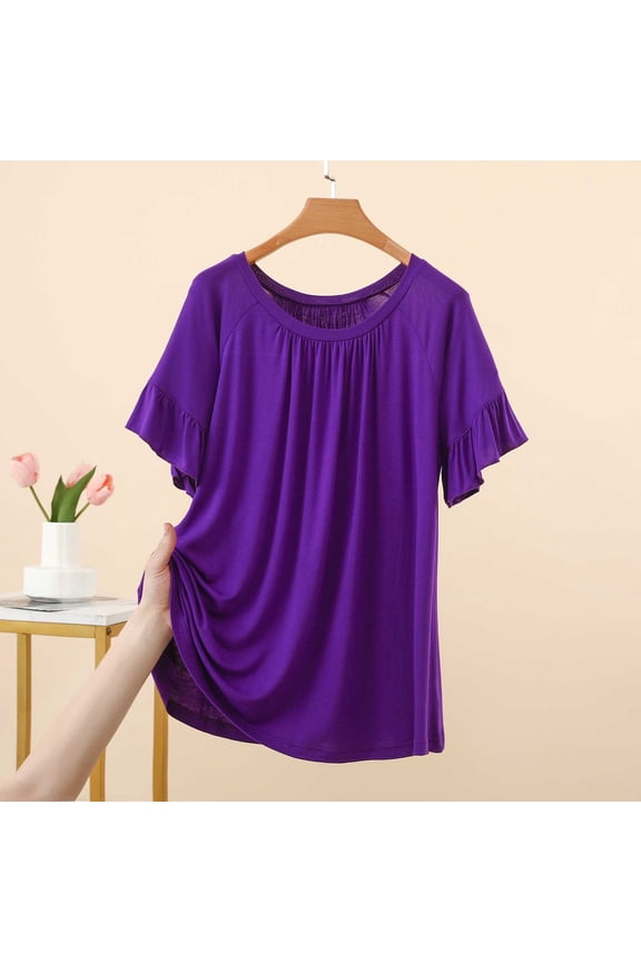 Soft Modal T-Shirt for Women Ruffle Loose Crew Neck Pullovers Short Sleeve Summer Loungewear Tops