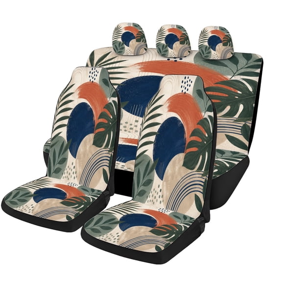 Soft Modern Tropical Leaf Car Seat Covers Full Set, Universal Auto Seat Covers with Front Seat Covers, Rear Bench Cover and Headrest Covers for Cars SUVs Trucks Vans