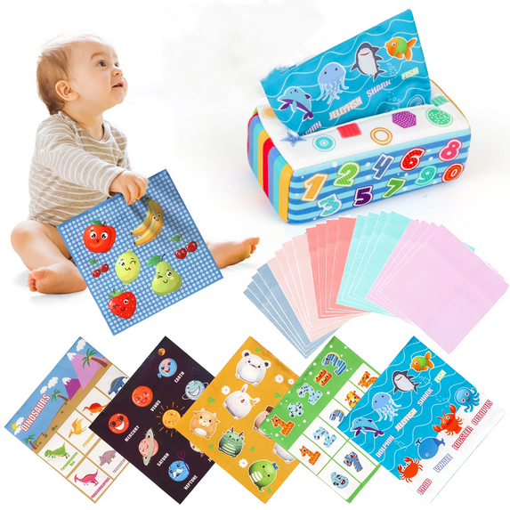 Soft Montessori Magic Tissue Box Toy For Baby 6 to 12 Months, High Contrast Crinkle Paper Sensory Silk Scarves Toys for 1 Year Old Boys Girls Kids Early Learning Gifts