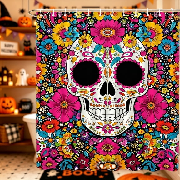 Soft Multicolor Bloom Sugar Skull Print Shower Curtain,70.8x70.8 inch,Polyester,Rental Apartment Hotel B&B Bathroom Decor