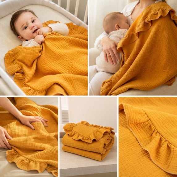 Soft Muslin Ruffle Throw Blanket, 36In Crinkled Blanket With Ruffle, Cozy Muslin Blanket For Bed or Couch, Vintage Bedding for Home Decor and Gifts
