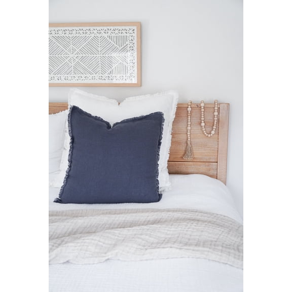 Soft Navy Blue Fringe Linen Pillow 26x26 Down Alternative Insert