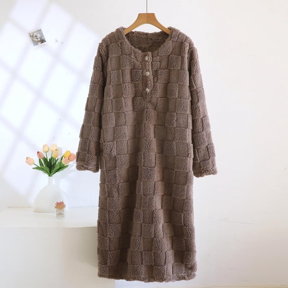 Soft Nighgown For Women Crew Neck Button Long Sleeve Checkered Sleeprobes Fleece Thermal Winter Long Home Wear (M, Coffee)