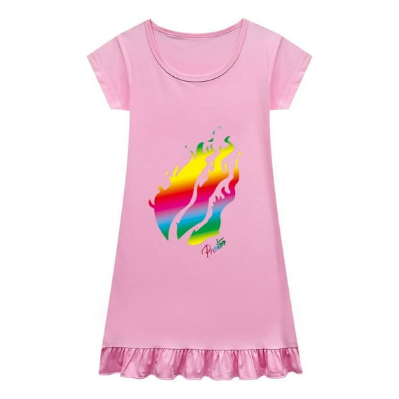 Soft Nightshirt for Girls PrestonPlayz – Flame Graphic Cartoon Pajamas – Comfortable Sleep Dress with Ruffles
