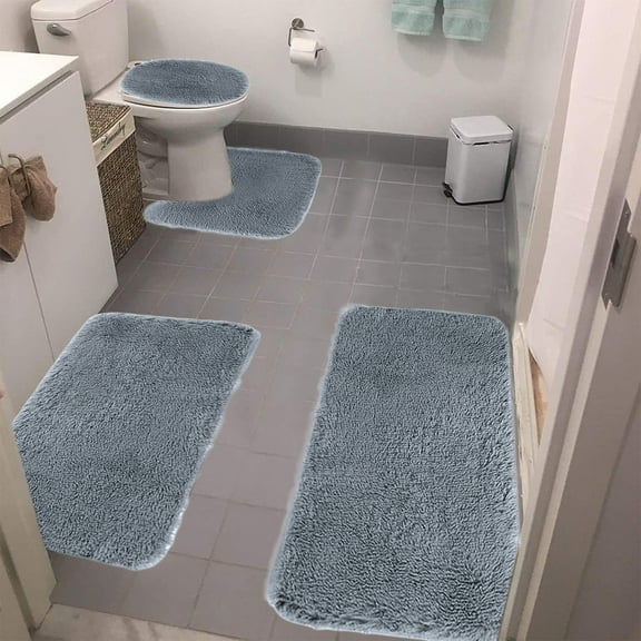 Soft Non Slip Bath Rug Set 4 Pieces Absorbent Chenille Bathroom Mat for Tub, Shower, Toilet Floor, Fall Winter Comfortable Bath Mat Set, Plush Solid Color