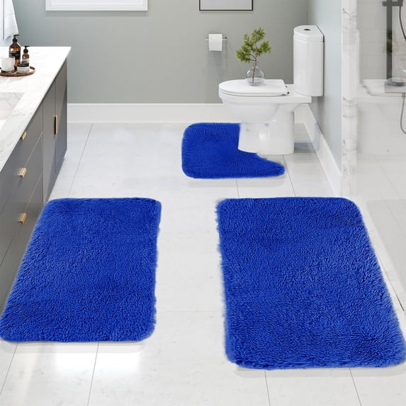 Soft Non-Slip Bathroom Rugs 3-Piece Set - Absorbent Velvet Fleece Mats for Toilet and Shower Floor Blue